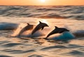 Three dolphins on the sea waves against the backdrop of sunset Royalty Free Stock Photo